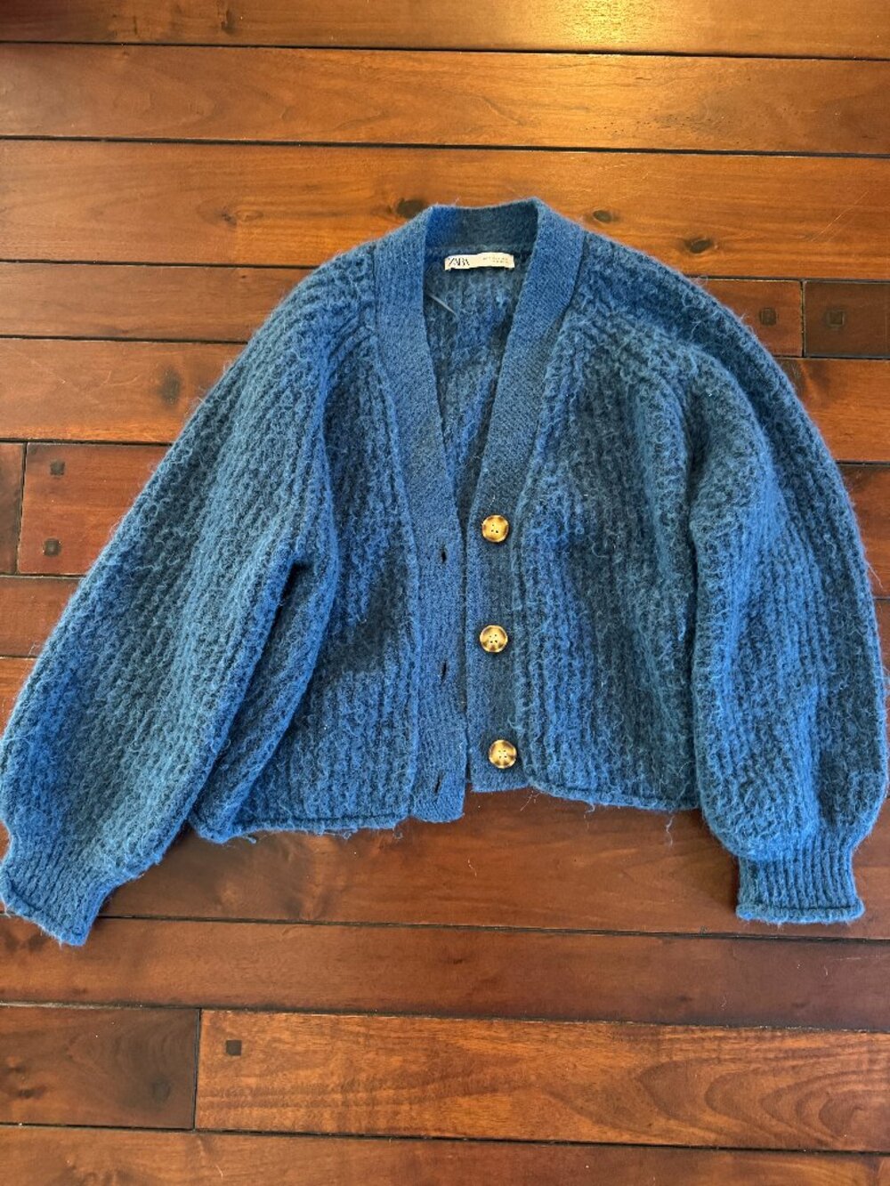 Zara Blue Chunky Knit Cropped Cardigan Balloon Sleeve S